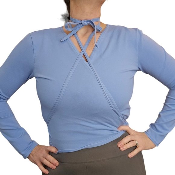 Vintage 90s Blue Wrap Shirt Dance Ballet M/L Multi Tie Supplex Nylon Made In USA - Picture 3 of 8